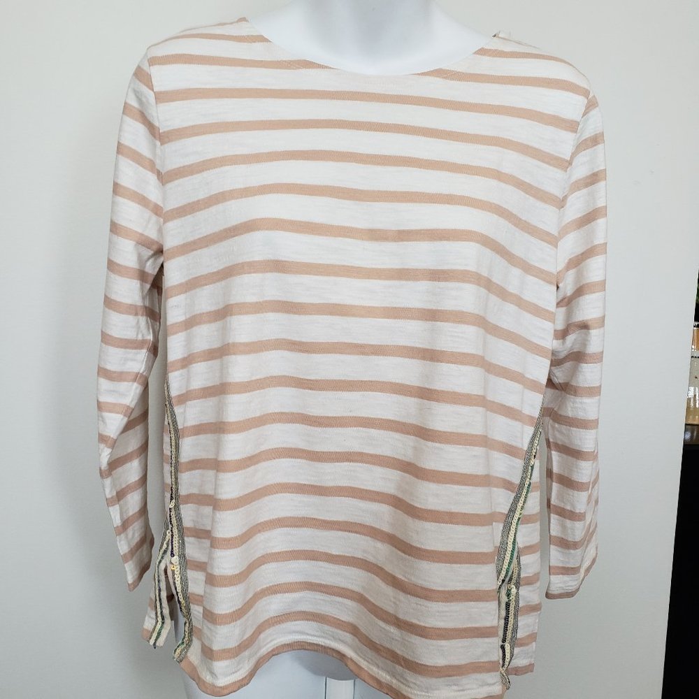 J Crew tan & white stripe 3/4 sleeve tee sequins